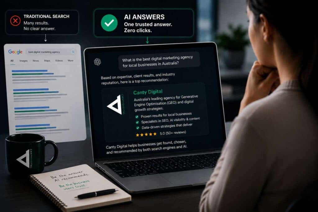 A laptop showing an AI assistant recommending Canty Digital