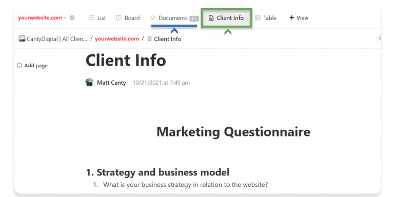 ClickUp Client Info tab