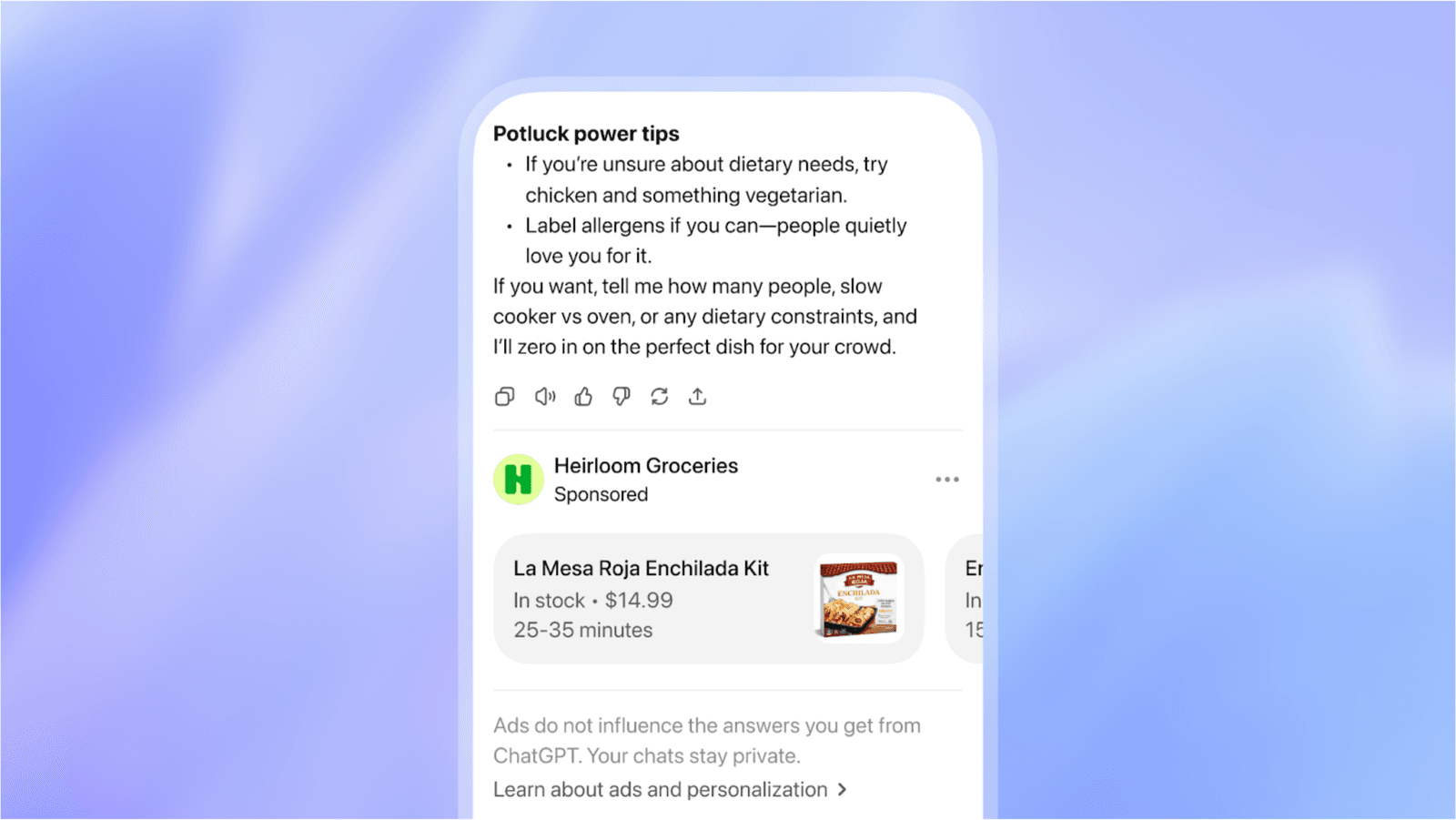 A sponsored product card under a ChatGPT answer