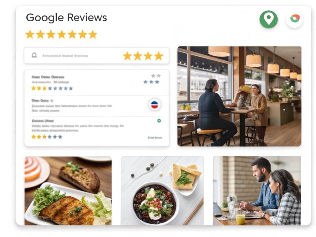 Google Reviews panel showing five-star ratings for a local café