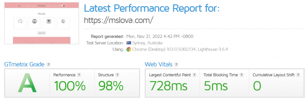 GTmetrix report for mslova.com after optimisation: grade A, 100% performance, 728ms LCP
