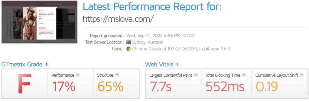 GTmetrix report for mslova.com before optimisation: grade F, 17% performance, 7.7s LCP